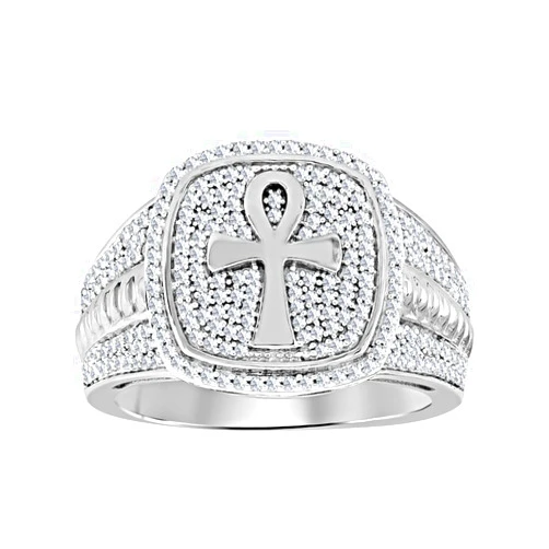SVC-JEWELS 1.20 Ctw Round Cut White Diamond 14K White Gold Over Egyptian Ankh Cross Band Ring For Men's