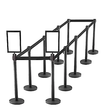 Makeronics 10 PCS Heavy Duty Steel Black Stanchion Post/Pole/Rope with 9.8 ft Retractable Black Belt and 2 PCS Sign Holder Portrait Frame | 1mm Thickness Tube | 4-Way Connect | Crowd Control Barrier 10 PCS Stanchions + 2 PCS Sign Frames Black