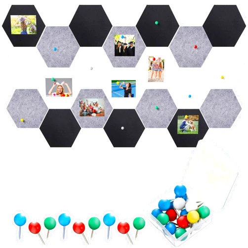 Outus 21 Pieces Pin Board Hexagon Felt Board Tiles Bulletin Board Memo Board Notice Board with 40 Pieces Push Pins for Home Office Classroom Wall Decor 5.9 x 7 Inches/ 15 x 17.7 cm (Black, White, Grey)