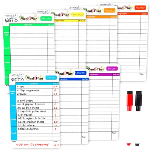 GBYMIUY Keto Diet Meal Planner, 7 Pcs Dry Erase Fridge Magnet Chart with Net Carb Reference List, Easy Menu Board Planning for Weekly Meal Plan, Keto Cheat Sheet Magnets with 2 Marker Pens