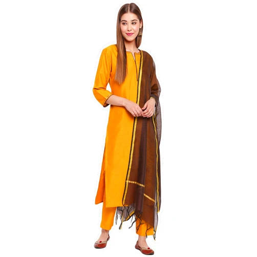 Janasya Indian Women's Mustard Poly Silk Kurta with Pant and Dupatta