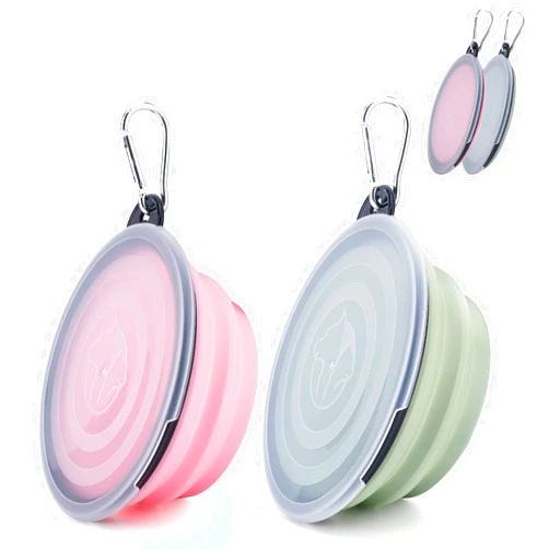 SLSON Collapsible Pet Feeder, 2 Pack Dog Bowls with Cover Lids, Portable Foldable Cat Water Dish Bowl for Pets, Small, Fairy Pink and Sprout Green