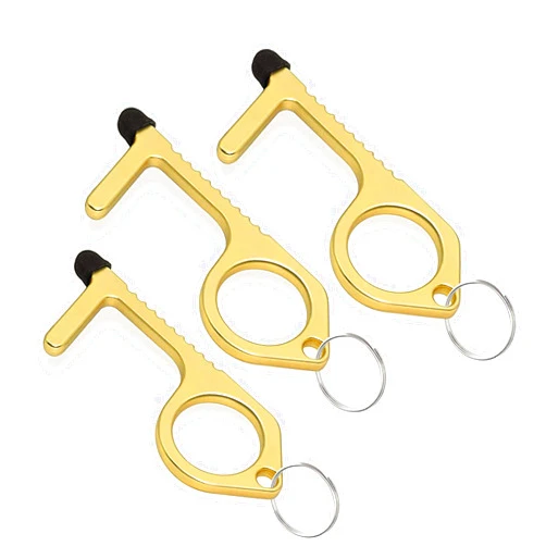 Mobi Lock Brass Door Opener Keychain Tool (Pack of 3) - Touchless Key for Opening Handles - Hook Button Pusher, Stylus & Key Ring - Handy Utility Tool for Safety and Hygiene - by Mobi Lock