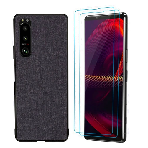 QUIETIP Case Compatible with Sony Xperia 5 III,Cloth Pattern Cases Soft TPU + PC Shockproof Phone Cover with 2 Pack Screen Protector Lens Protect,Black
