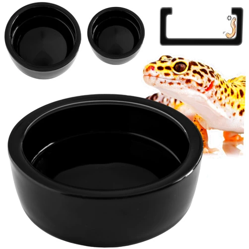 Magtara Reptile Food Dish Bowl - Anti-Escape Ceramic Worm Water Dish Feeder for Mealworm, Superworm, Dubia Roaches, Lizard, Leopard Gecko, Bearded Dragon, Chameleon, Skink, Tegu, Snake (Medium, Black)