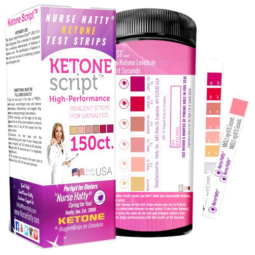 Nurse Hatty - 150 Ketone Test Strips w Built-in Color Chart – Free Keto Guide eBook & Free App - Made-in-The-USA - Urine Test for Ketogenic, Ketosis, Low Carb, Atkins & Paleo Diets - Extra Long Strips