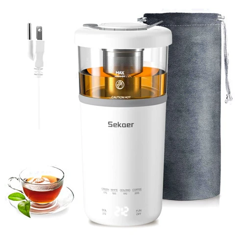 Sekaer Travel Electric Tea Kettle, Portable Small Mini Hot Glass Teapot Maker with Infuser, 350ML&400W Fast Heat Personal Water Boiler, BPA-Free White