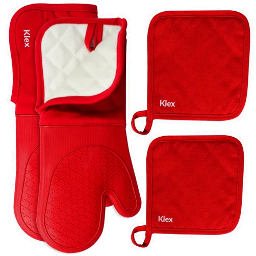 Klex Extra Long Silicone Oven Mitts and Pot Holders, 932°F Degrees Heat Resistance with Quilted Liner Oven Gloves and Hot Pads, 4 Piece Set, 15 inch, Red