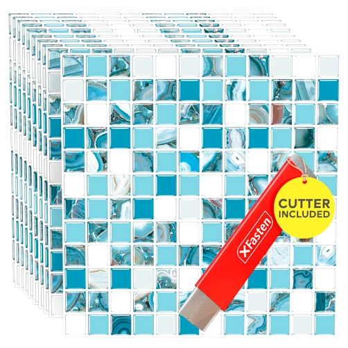 XFasten Square Peel and Stick Backsplash for Kitchen 10pcs 12” x 12” w/Cutter Caribbean Mosaic Backsplash Tile Peel and Stick Tiles Self Adhesive Tile for Kitchen Stick on Backsplash for Kitchen