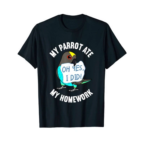 Funny Birds Gifts for Birders and Bird Breeders Parrot Ate My Homework I Meyers Parrot Unisex-Adult T-Shirt Black Short Sleeve Casual Parrot Print T-Shirt