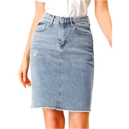 Allegra K Women's Basic Distressed High Waist Ripped Hem Washed Jeans Denim Skirt