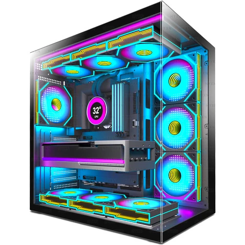 HYXN H1 HYXN ATX PC Case - Pre-Installed with 7 Infinity Mirror PWM ARGB Fans - Dual Cavity Mid-Tower PC Gaming Case - with Type-C - Can Hold up to 3X 360mm Radiator Support (Black+, H1)