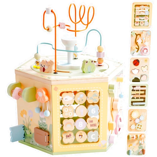 ROBOTIME Wooden Activity Cube for Toddlers, 13 in 1 Montessori Baby Activity Cube, Baby Play Cube Toy with Educational Features, Gift Wooden Cube Toy for Boys & Girls - 1 Year +