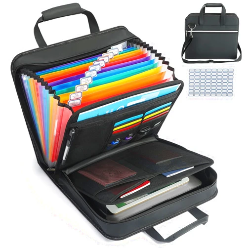 YGROW PU Leather Accordion File Organizer with Handle & Strap，12 Pockets Expanding File Folder with Zipper & Labels，Portable Document Organizer File for Letter A4 Files