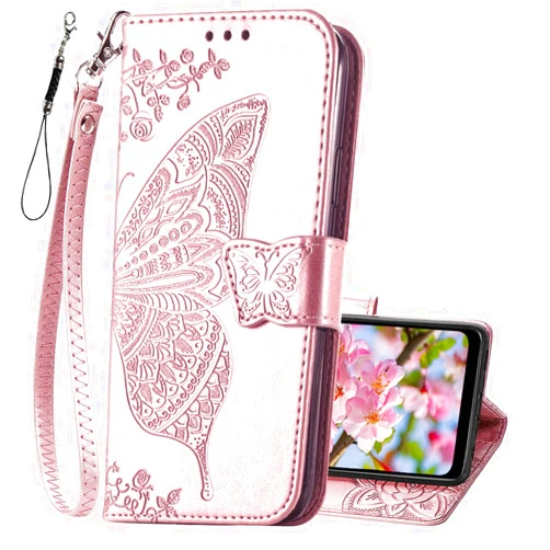 KRHGEIK for Motorola Moto G Stylus 5G 2021 Case Wallet,Women Butterfly Embossed PU Leather Flip Cover with Stand Card Holder Slots Wrist Strap Protective Case (Rose Gold)
