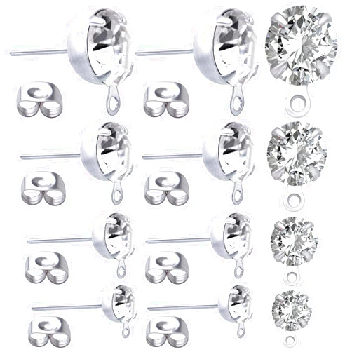 Aylifu 80pcs 4mm/5mm/6mm/8mm Rhinestone Earrings Posts with Loop Hypoallergenic Metal Earrings Studs and 80pcs Butterfly Earring Backs for DIY Dangle Earrings Design Jewelry Making, Silver