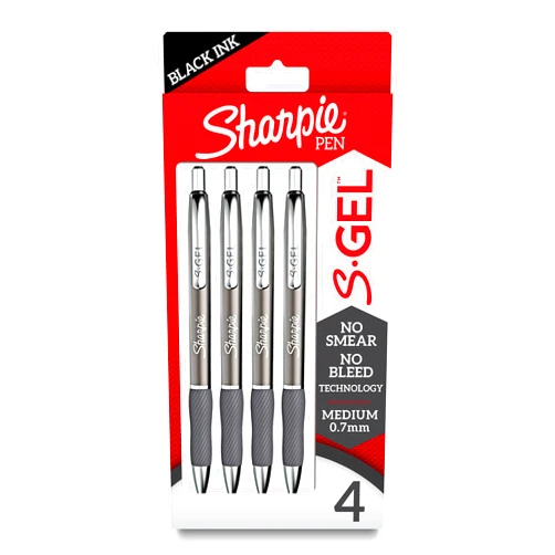 Sharpie S-Gel, Gel Pens, Sleek Metal Barrel, Gunmetal, Medium Point (0.7mm), Black Ink, 4 Count