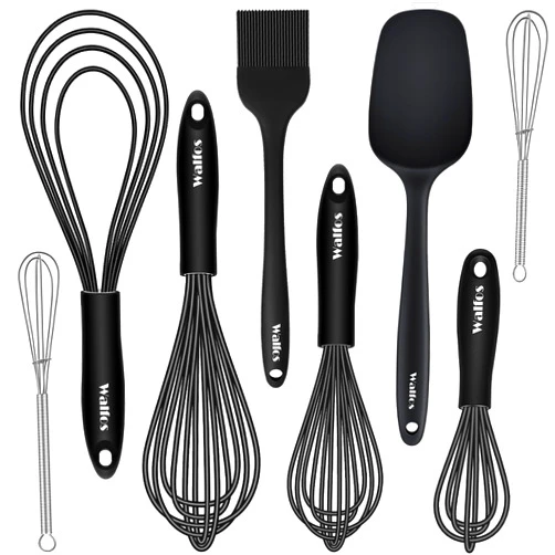 Walfos Silicone Cooking Utensil Set,8-Piece Whisk Set,304 Small whisk, Food-Grade Silicone Heads-Silicone Kitchen Spatulas and Brush for Nonstick Cookware.Dishwasher Safe (BPA Free) - Black