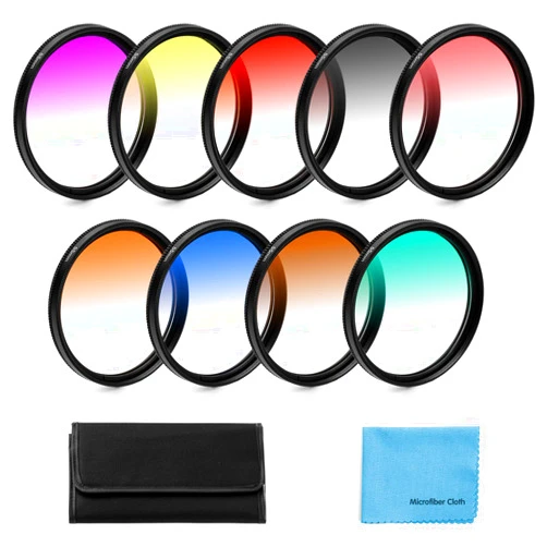 X-SweetDream 52mm Graduated Color Filters Kit 9 Pieces Gradual Colour Lens Filter Kit Set Accessory for Canon Nikon Sony Pentax Olympus Fuji DSLR Camera + Lens Filter Pouch +Lens Cleaning Cloth