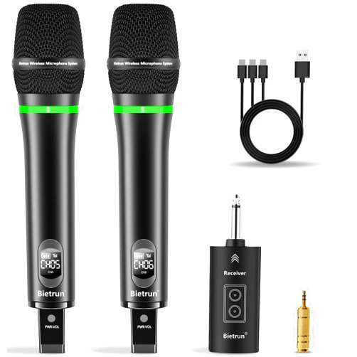 Bietrun Rechargeable Wireless Microphone, Dual Metal Cordless Handheld Dynamic Wireless Mics with 1/4'' Output for Karaoke, Meeting, Singing, Church, Wedding(UHF 240ft Range)(Receiver with Bluetooth)