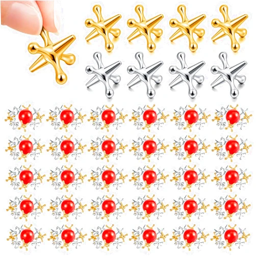 Libima 30 Sets Metal Jacks Game with Ball Bulk Include 300 Pcs Gold and Silver Jacks and 30 Pcs Red Rubber Balls Classic Jax Game Toys Gifts for Teens Adult Game Prizes Christmas