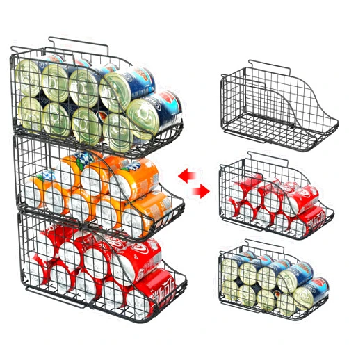 Sonyabecca Standing Can Dispenser Bin 3-Pack, Stackable Beverage Drink Pop Soda Can Storage Organizer Basket with Handles, Foldable Canned Food Holder for Kitchen Pantry Countertop Cabinet Patent Pending