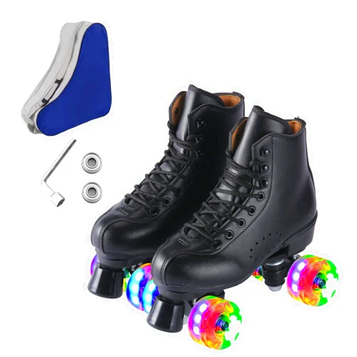 Ugboiu Roller Skates for Men and Women, Black Derby Roller Skates with 4 Shiny Wheel, Classic Double-Row Roller Skates for Indoor and Outdoor