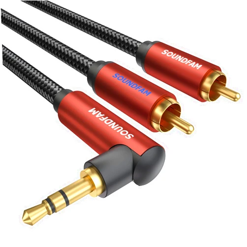 SOUNDFAM 3.5mm Aux to RCA Cable 3FT, 90 Degree Right Angle 3.5mm TRS Male to 2RCA Male Y Splitter Cable 24K Gold-Plated Double Shielded for Smartphone, Speaker, MP3, Tablet & More