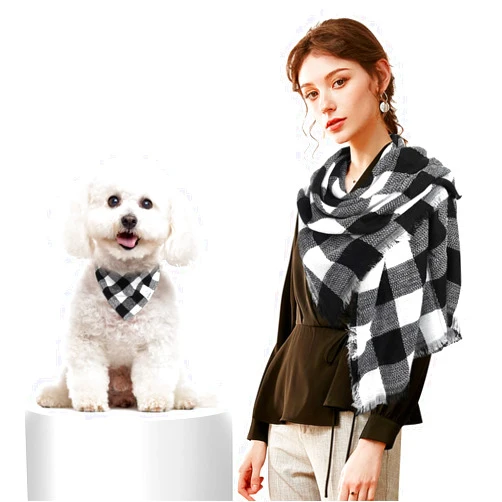 E-Clover Dog Bandanas Matching Owner Scarf Buffalo Plaid Dog Bandana Bibs with Tartan Scarves Shawl for Small Medium Dogs Mom Outfit Gifts Black White