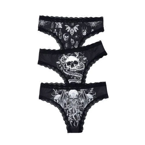 WDIRARA Women's Plus Size 3 Pack Skull Print Lace Trim Panty Set Underwear