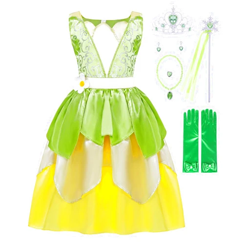 COTRIO Green Fairy Frog Princess Dress Girls Birthday Party Fancy Dresses Kids Halloween Elf Costume Outfits with Accessories