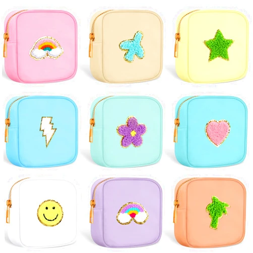 Sumind 9 Pieces Nylon Mini Preppy Makeup Bag Chenille Letter Cosmetic Bag Travel Small Makeup Pouch Bag Toiletry Bag with Zipper for Women 9 Colors