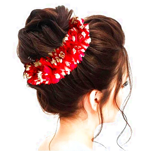 SHREEMEE Artificial White & Red flower Rounded Bridal Gajra/Juda pin/Hairpin/Hair Bun Accessories for Women, 1 Piece- Red