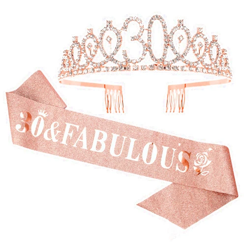 Casoty 30th Birthday Sash and Tiara for Women, 30th Birthday Decorations for Women, 30th Birthday Sash, Rose Gold 30 & Fabulous Birthday Sash and Tiara for Women, 30th Birthday Gifts for Her