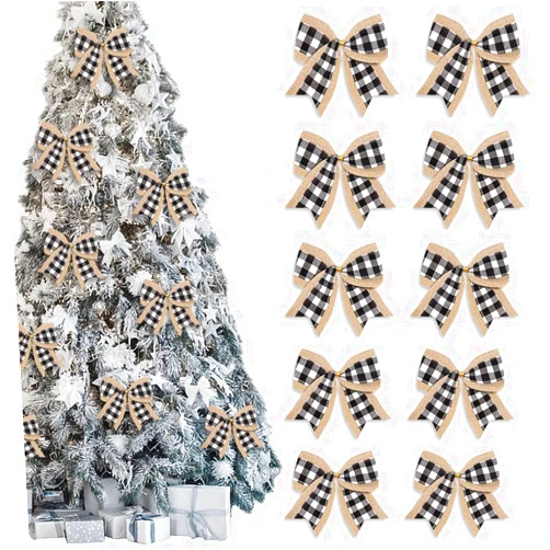 Estivaux 10 PCS Christmas Bows for Wreath, Xmas Wreath Bows White Black Buffalo Plaid Bow Winter Holiday Burlap Craft Bow Xmas Farmhouse Tree Bows for Basket Christmas New Year Party Decorations