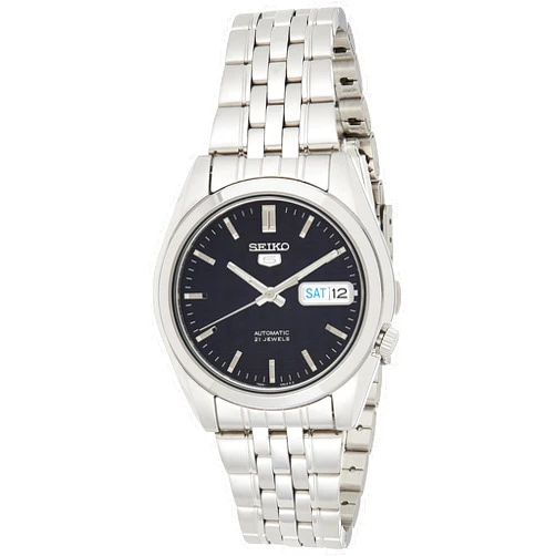 SEIKO SNK357 Automatic Watch for Men 5-7S Collection - Striking Black Dial with Day/Date Calendar, Luminous Hands, Stainless Steel Case & Bracelet