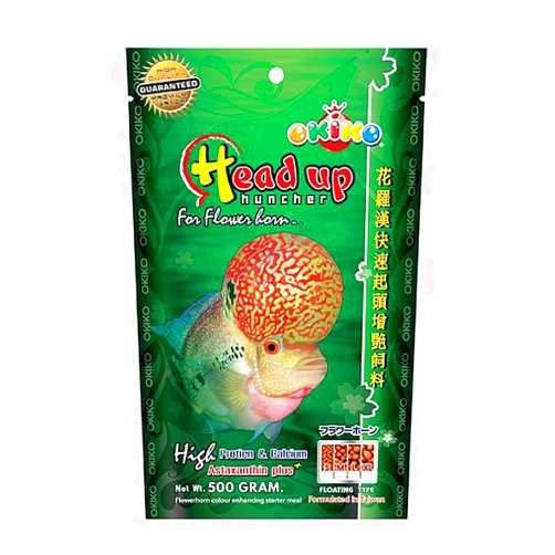 OKIKO Flowerhorn Fish Food Floating Pellets Large 2.5 MM Head Up Quickly Huncher Formula High Protein Tropical Fish Feed Astaxanthin Plus Color Enhancing Healthy Fast Growth (17.63 oz - Green)
