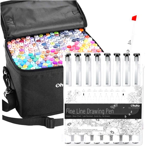 Ohuhu Store Ohuhu 200 Colors Alcohol Art Markers (Fine & Chisel, Bonus 1 Colorless Blender) + 8Pack Fineline Pens