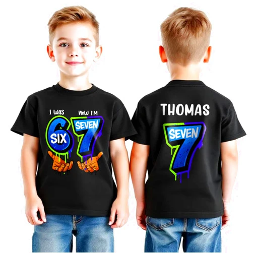 HAIHAUPOD Custom 67 Meme I was 6 Now Im 7 Shirt, Personalized Six Seven Meme 7th Birthday Shirt Boy, 6-7 Bday Short