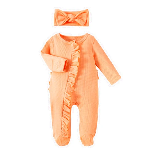 BSaogr Newborn Baby Girl Boy Footie Romper Coming Home Long Sleeve Ruffle Waffle Knit Zipper Onesie with Headband Outfits