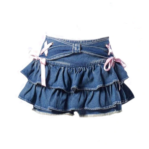 IDEWO Women's Bow Cute Jean Skirt Y2k Kawaii Low Rise Denim Skirts Vintege Aesthetic Going Out Clothes