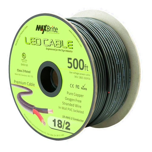 MaxBrite 500 ft. 18AWG Low Voltage LED Cable 2 Conductor Black Sleeve in-Wall Speaker Wire UL/cUL Class 2