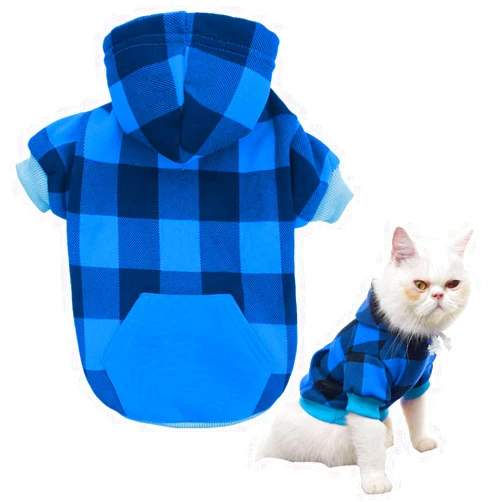 KOOLTAIL Plaid Dog Hoodie Pet Clothes Sweater with Hat and Pocket for Small Medium Large Size Dogs, Soft Winter Warm Dog Cold Weather Coat, Fleece Fall Dog Hooded Sweatshirt for Puppy Cats, Blue S
