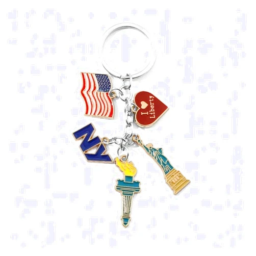 UOZVIE New York & Statue of Liberty Keychain - Enamel NYC Charm Set with American Flag & I Liberty Heart Keyring, Souvenir Gift for Travelers