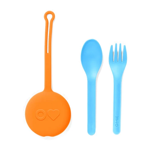 Omie OmieBox Kids Utensils Set with Case - 2 Piece Plastic, Reusable Fork and Spoon Silverware with Pod for Kids (Sunrise)