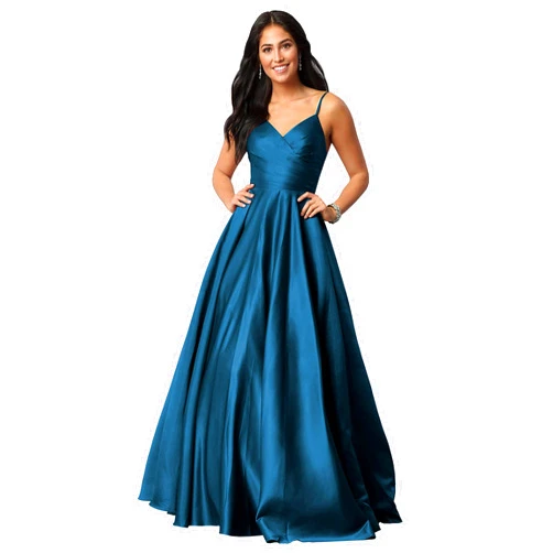 Generic Women's Spaghetti Straps Satin Prom Dresses Long Ball Gown with Spaghetti Straps V Neck Pleated Formal Dress