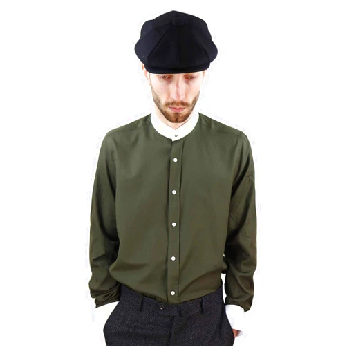 TruClothing Giobellini Mens Blinders Herringbone Shirt Detachable Collar Penny Button Collarless - Olive XXL (48