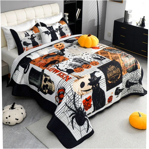 Cmfshape Halloween Quilt Set Queen Size,Black Reversible Quilt Bedding Set 4PCS,Bat Pumpkin Spider Festival Themed Bedspread Full,Decorative Bedding Coverlet with 3 Pillow Shams(Black&White,90