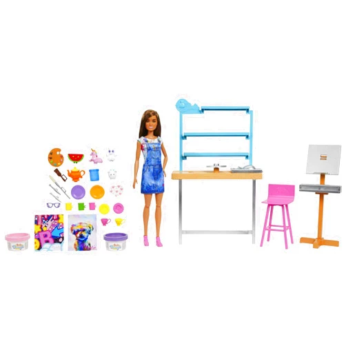 Barbie Relax and Create Art Studio, Doll (11.5 inches), 25+ Creation Accessories for Pottery Making & Painting, Kids 3 to 7 Years Old