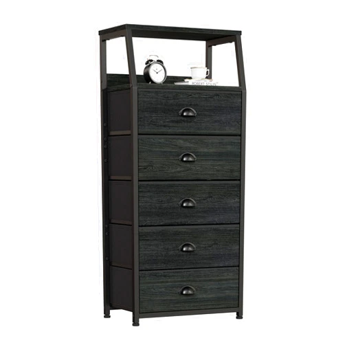 Furnulem Black Dresser with 5 Drawers, Vertical Storage Tower Fabric Dresser for Bedroom, Hallway, Entryway, Nursery, Closet Organizer, Nightstand Bedside Table Furniture, Sturdy Steel Frame, Wood Top